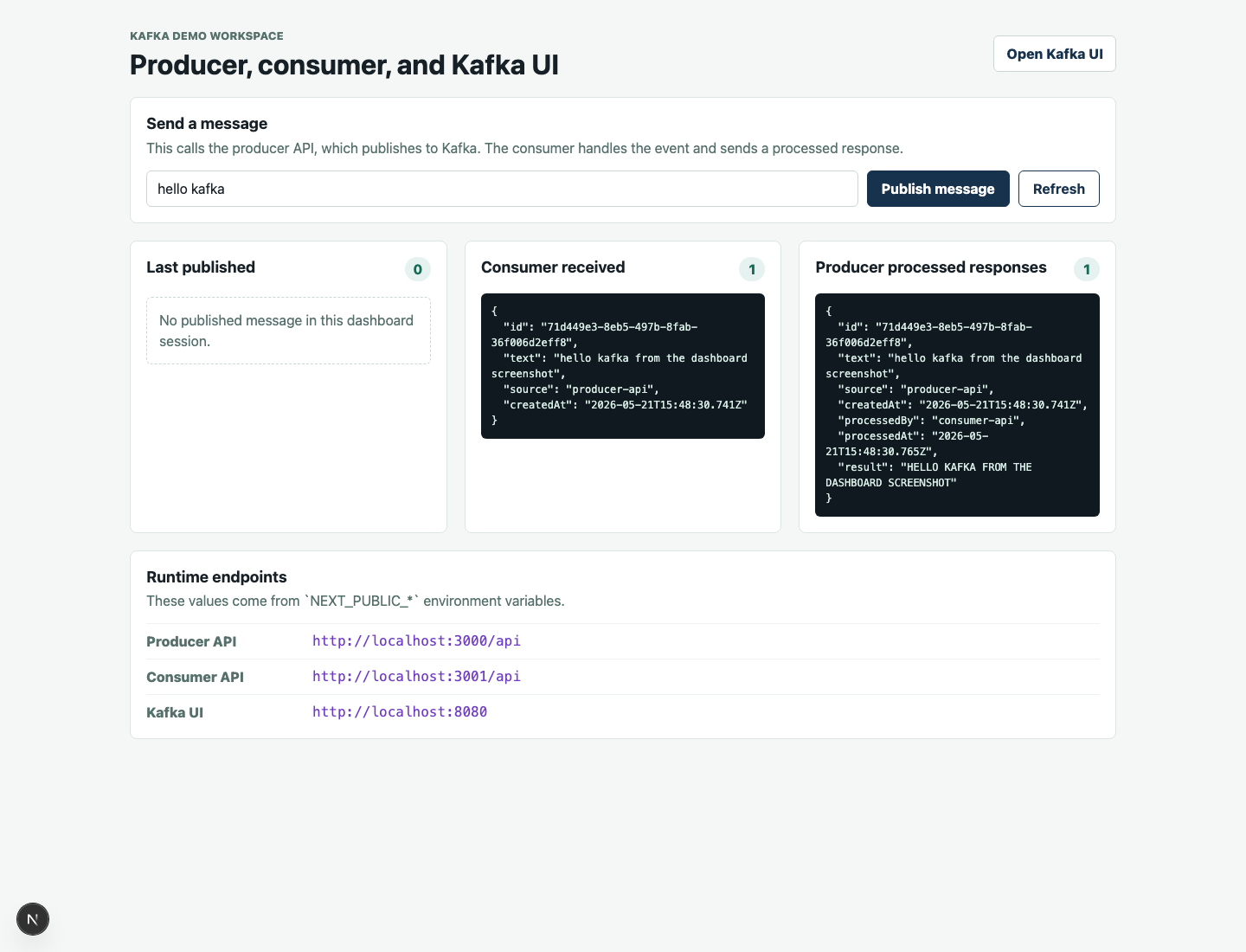 Kafka demo dashboard showing producer, consumer, and processed response panels